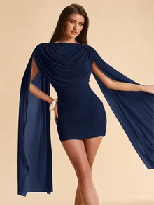 SHEIN BAE 春夏純色淺杏色垂領披肩袖修身緊身迷你洋裝，適合浪漫約會、晚宴派對、婚禮雞尾酒會、海灘度假 - 藏蓝色 - 查看 4