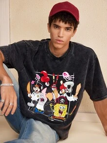 SpongeBob SquarePants | SHEIN Men's Cartoon Print Casual Versatile Daily Short Sleeve T-Shirt - Black - View 6
