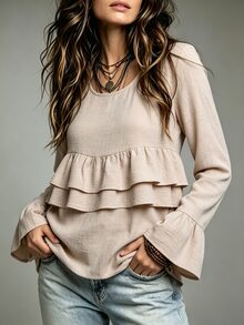 SHEIN 2026新款春夏/秋冬女款圓領荷葉邊長袖上衣，雙層蛋糕褶皺喇叭袖短版襯衫，後開衩白色鈕扣裝飾紋理素色上衣，溫柔優雅寬鬆顯瘦打底衫，日常通勤法式休閒百搭長袖女裝，亞麻面料 - 杏色 - 查看 3