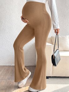 SHEIN 孕婦純色可調腰圍休閒百搭日常穿著長褲 - 棕色 - 查看 3