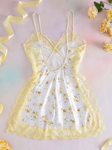 Elorette Série de Casamento de Outono Chique Francês Renda Floral Branca Verão Férias 1 Peça Romântico Minimalista Elegante Renda Cetim Camisola Feminina - Amarelo - Visão 2