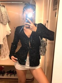 DAZY Women's Solid Color Sequin Front Tie Long Sleeve Elegant Blouse Fall - Black - View 5