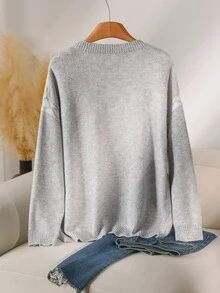 CosyJoli Light Gray & White Diamond Jacquard V-Neck Knit Cardigan Women's Loose Button-Up Sweater Jacket, Autumn/Winter - Light Grey - View 3