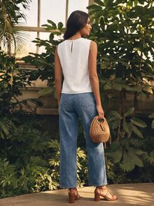 CAJUNI Women's Hollow Embroidery Round Neck Casual Sleeveless Top For Vacation - White - View 2
