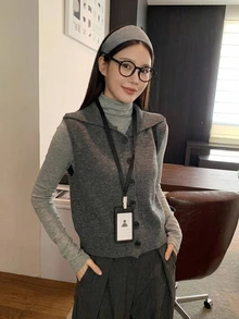 DAZY Rompi Rajut Leher Tinggi Abu-abu Gelap untuk Melangsingkan Tubuh Wanita Musim Gugur/Dingin, Rompi Sweater Bolak-balik untuk Pakaian Berlapis - Grey - View 5