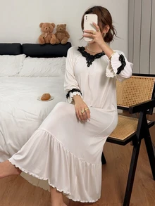 Napfluff Vintage Royal Lace Trim Collar Ruched Long Sleeve Lace Trim Maxi Nightgown - Apricot - View 5