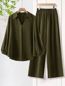 SHEIN Essnce طقم نسائي مقاس كبير بلون موحد، قميص بياقة وأكمام طويلة وبنطال واسع الساق، كاجوال من قطعتين للخروج والعطلات في فصل الخريف، باللون الأخضر الزيتوني - أخضر عسكري - مشاهدة 7