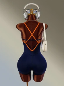 Amplova Women's Blue & Orange Colorblock X-Strap Backless Sports Romper - Navy Blue - View 2