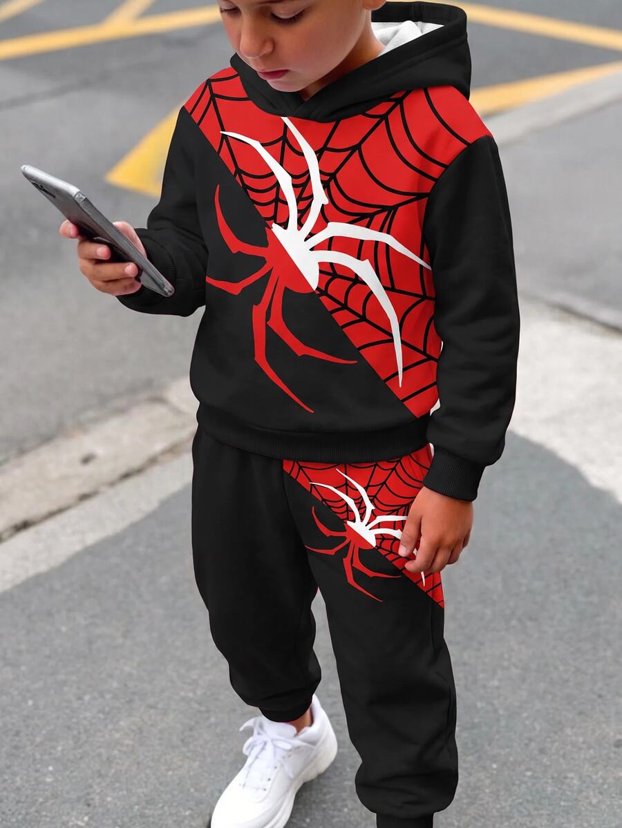 Tween Boy Casual Minimalist Kids Long Sleeve Hooded Comfortable Sweatshirt 2-Piece Set, Suitable For Autumn/Winter,Thickened And Lined With Fleece - Multicolor - View 1