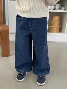 Dazy Kids Young Boys Loose Straight Leg Thermal Lined Long Pants Autumn/Winter Denim Washed Thick Jeans - Blue - View 5