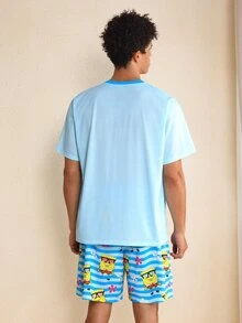 SpongeBob SquarePants | SHEIN Men's Cartoon Print Top And Shorts Loungewear Set - Baby Blue - View 2