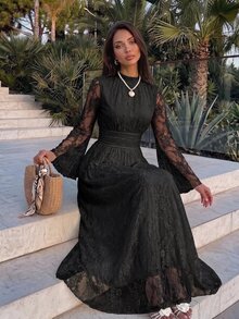 Firerie Women's Elegant Long Lace Dress With Stand Collar And Bell Sleeves - Black - View 9