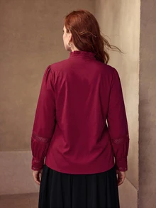 MOTF PREMIUM PLUS SIZE WOMEN'S FRILL TRIM STAND COLLAR CONTRAST LACE BLOUSE FALL - Burgundy - View 3