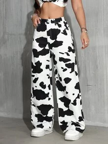 Jeanoix Petite Women's Cow Print Casual Versatile Daily Wear Denim Long Pants - Black and White - View 5