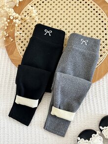 LMoss Kids Baby Girl Knit Solid Color Embroidered Bow Pattern 2pcs Bottoms Set - Multicolor - View 6