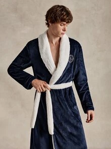 EverLounge Men's Autumn/Winter Fashion Navy Blue Contrast White Collar Left Chest British Style Embroidered Plush Robe - Navy Blue - View 5