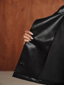 Anewsta معطف ترنش جلد نسائي بأكمام راجلان طويلة وياقة واقفة مع ربطة - الأسود - مشاهدة 9