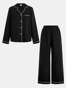 SHEIN 青少年女孩睡衣套裝 2 件組，秋冬款極簡純黑色基礎款，翻領鈕扣開襟長袖長褲，舒適休閒梭織睡衣 - 黑色 - 查看 9