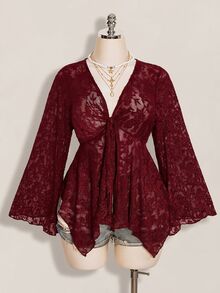 SHEIN ICON 大尺碼前綁帶 V 領不對稱下擺喇叭袖針織提花上衣，仙女風復古 Y2K 秋季上衣 - 酒紅色 - 查看 5