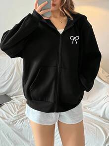 SHEIN 青少年女孩蝴蝶結刺繡圖案拉鍊連帽衛衣 - 黑色 - 查看 2