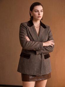 MOTF PREMIUM PLUS SIZE HERRINGBONE PEAK LAPEL DOUBLE BREASTED BLAZER WINTER - Brown - View 5