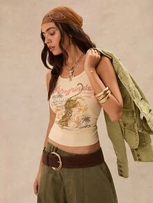 Easelle Vintage Bohemian I-Back Tank Top With Retro Pattern For Women - Apricot - View 4