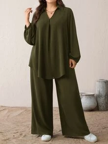 SHEIN Essnce طقم نسائي مقاس كبير بلون موحد، قميص بياقة وأكمام طويلة وبنطال واسع الساق، كاجوال من قطعتين للخروج والعطلات في فصل الخريف، باللون الأخضر الزيتوني - أخضر عسكري - مشاهدة 6