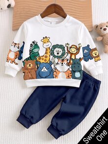 Young Boy Long Sleeve Crew Neck Sweatshirt, Classic Handsome Cute Cartoon Hand-Drawn Animal Meeting Pattern Print, Monkey, Zebra, Hippo, Lion, Tiger, Giraffe, Rhino Hand-Drawn Cartoon Image Print, Suitable For Autumn/Winter - Multicolor - View 2