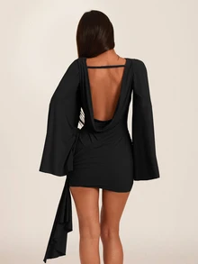 SHEIN BAE Autumn/Winter Solid Gray Round Neck Flare Long Sleeve Backless Tight Sexy Mini Dress, Basic Dress, Music Festival Dress, Birthday Dress, Brunch Dress, Y2K, Nightclub Party Gathering, Cocktail Party Dress, Nightclub Party Sexy Short Dress, Backless Sexy Dress - Black - View 2