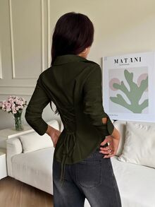 SHEIN PETITE 1pc Women's Solid Color Button Front Long Sleeve Casual Blouse - Army Green - View 1