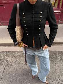 Siren Gaze Autumn/Winter New Vintage Napoleon Style Waist-Cinching Jacket For Women - Black - View 8