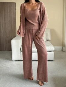 DAZY طقم ملابس منزلية نسائي من 3 قطع بتصميم بسيط بلون موحد مع روب مخملي وكاميول وبنطال طويل لفصلي الربيع والخريف والشتاء - وردي المرجاني - مشاهدة 8
