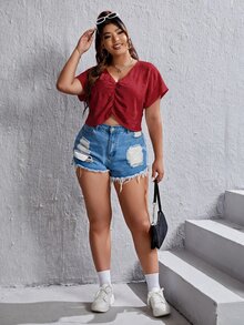 SHEIN EZwear 大尺碼簡約紋理百褶襯衫，適合度假 - 紅色 - 查看 3