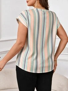 SHEIN Clasi 休閒拼色條紋大尺碼女款短袖襯衫 - 彩色 - 查看 2