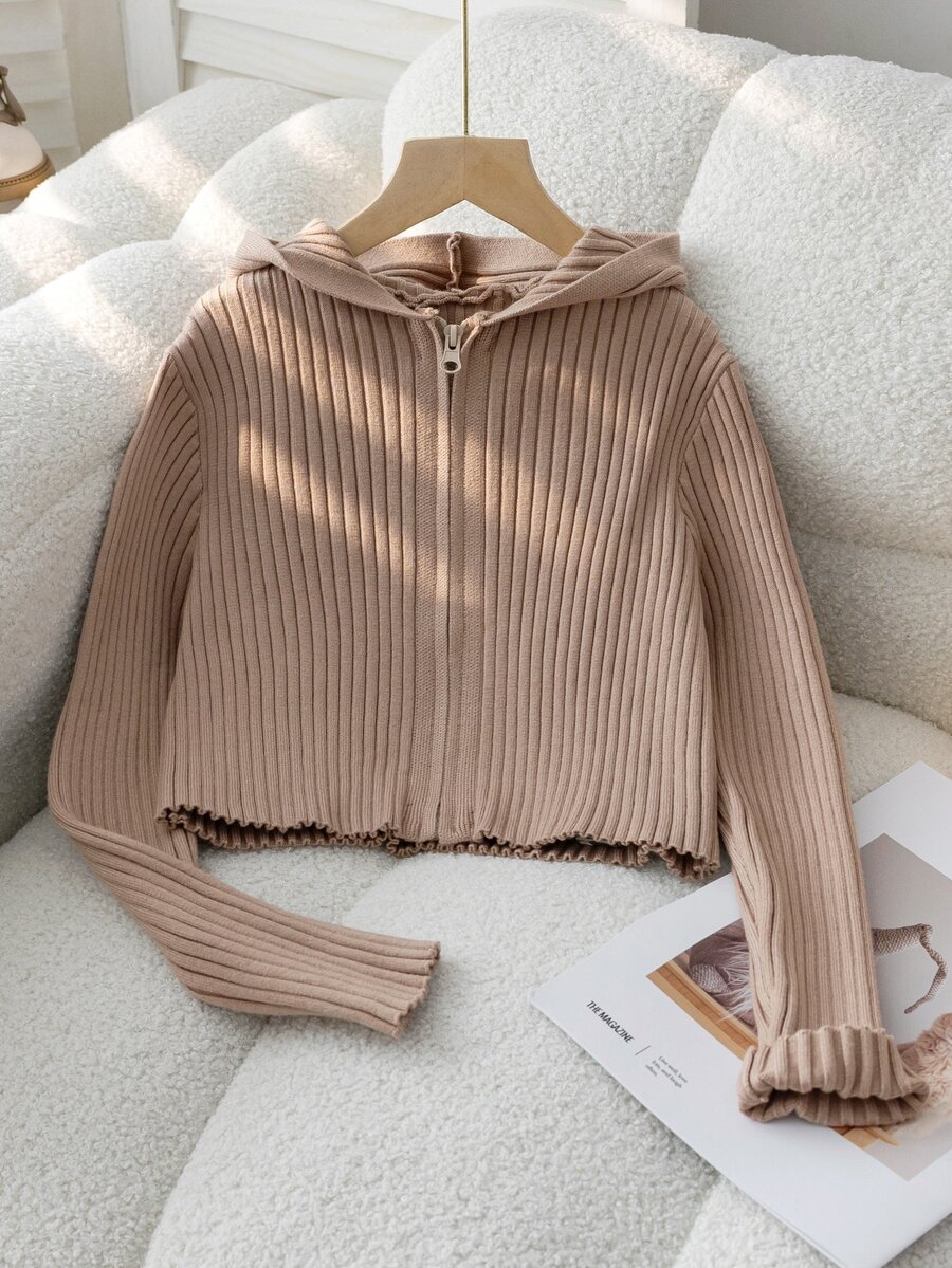 Tween Girl Solid Color Long Sleeve Zip-Up Casual Hooded Cardigan - Khaki - View 1