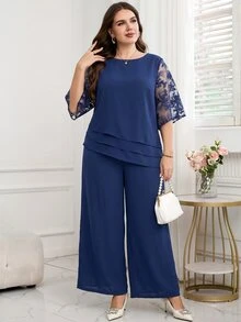 Reflora Plus Size Fashion Asymmetrical Hem Top And Loose Long Pants 2 Pieces Set - Navy Blue - View 4