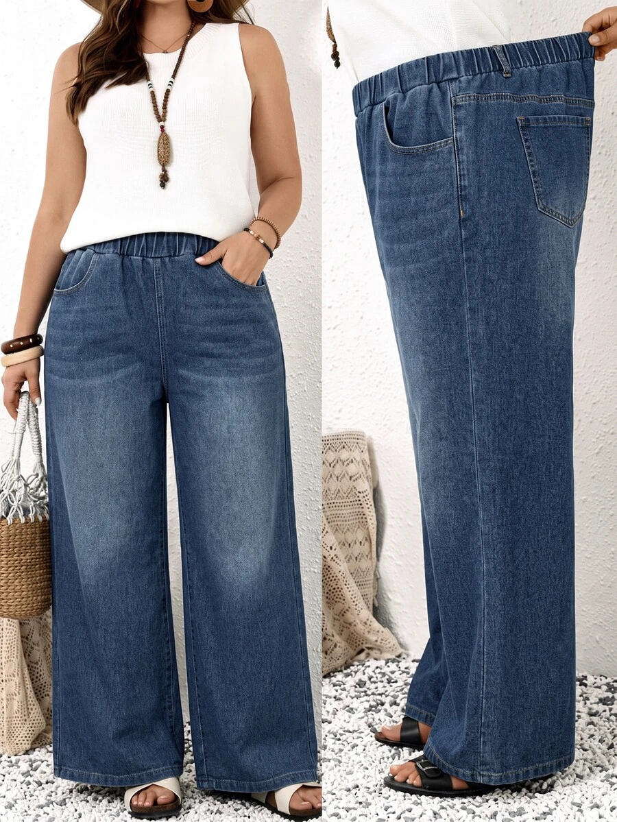 SHEIN MOD Plus Size Casual Washed Straight Leg Jeans - Medium Wash - View 1