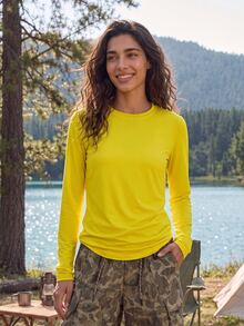 Exploreva Women's Solid Color Round Neck Long Sleeve Daily Fitness Outdoor T-Shirt - Mustard Yellow - View 4