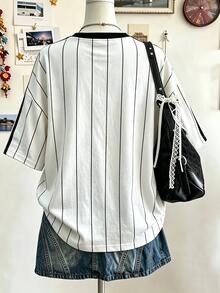 Lalippa Letter Pattern Vertical Stripe Digital Silver Fox Oversized Fashion Minimalist Women's Mid-Length Round Neck Drop Shoulder T-Shirt, Gift For Friends - White - View 2
