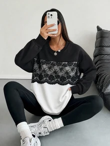 Modelyn 秋冬對比蕾絲圓領寬鬆落肩長袖上衣，小眾設計修身女款衛衣 - 彩色 - 查看 8