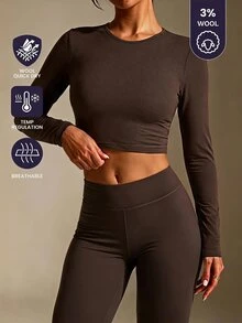 SHEIN BASICS 女款純色圓領長袖短版修身T恤 - 棕色 - 查看 2