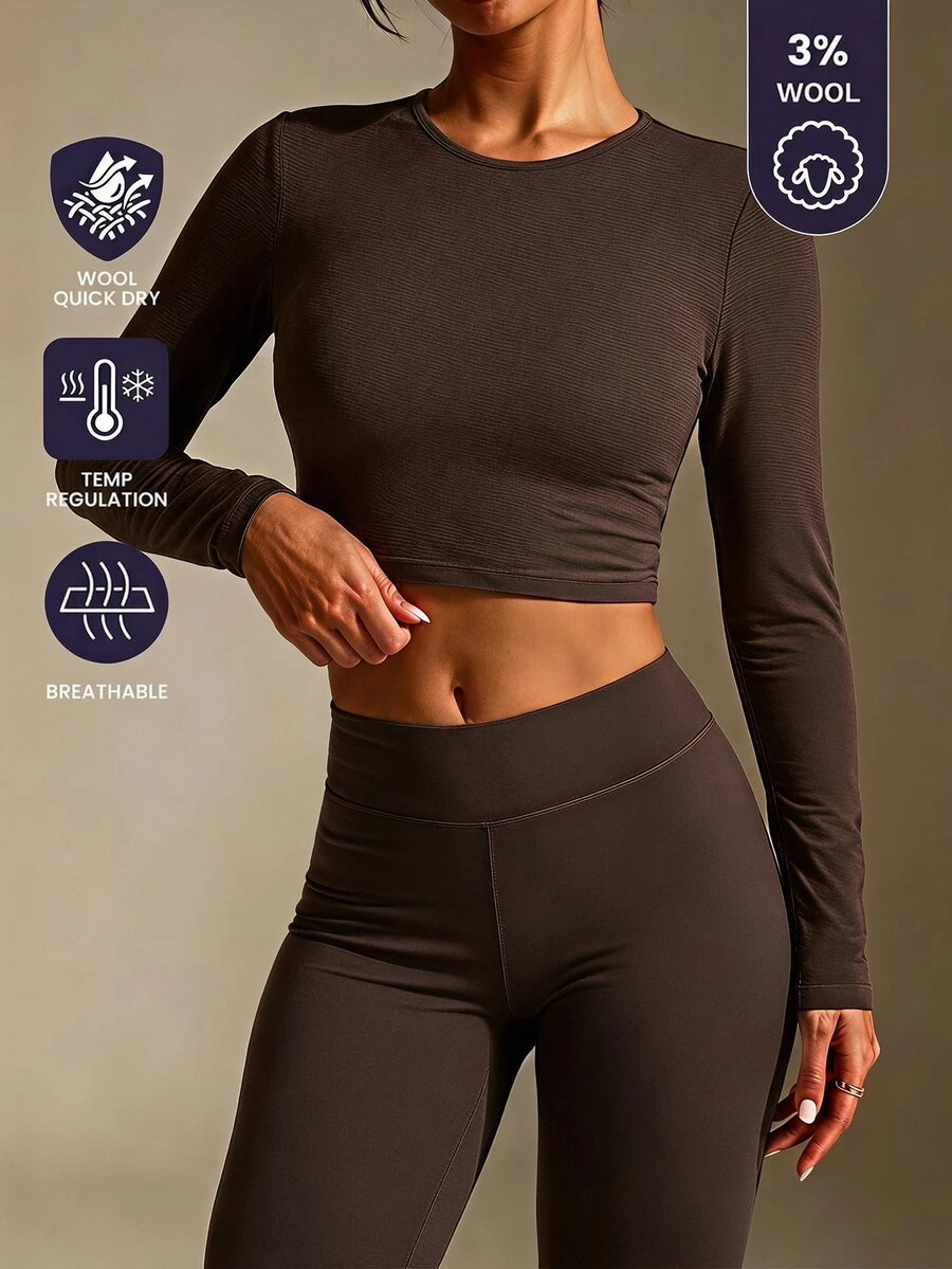 SHEIN BASICS Kaos Wanita Polos Leher Bulat Lengan Panjang Potongan Slim Fit - Coklat - View 1