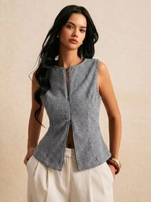 Poéselle 女款格紋休閒百搭通勤旅行西裝外套 - 黑與白 - 查看 7