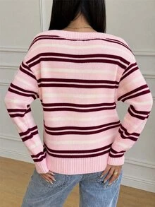 SHEIN 少女秋冬休閒居家條紋撞色領口套頭鬆垮落肩長袖針織衫 - 彩色 - 查看 2