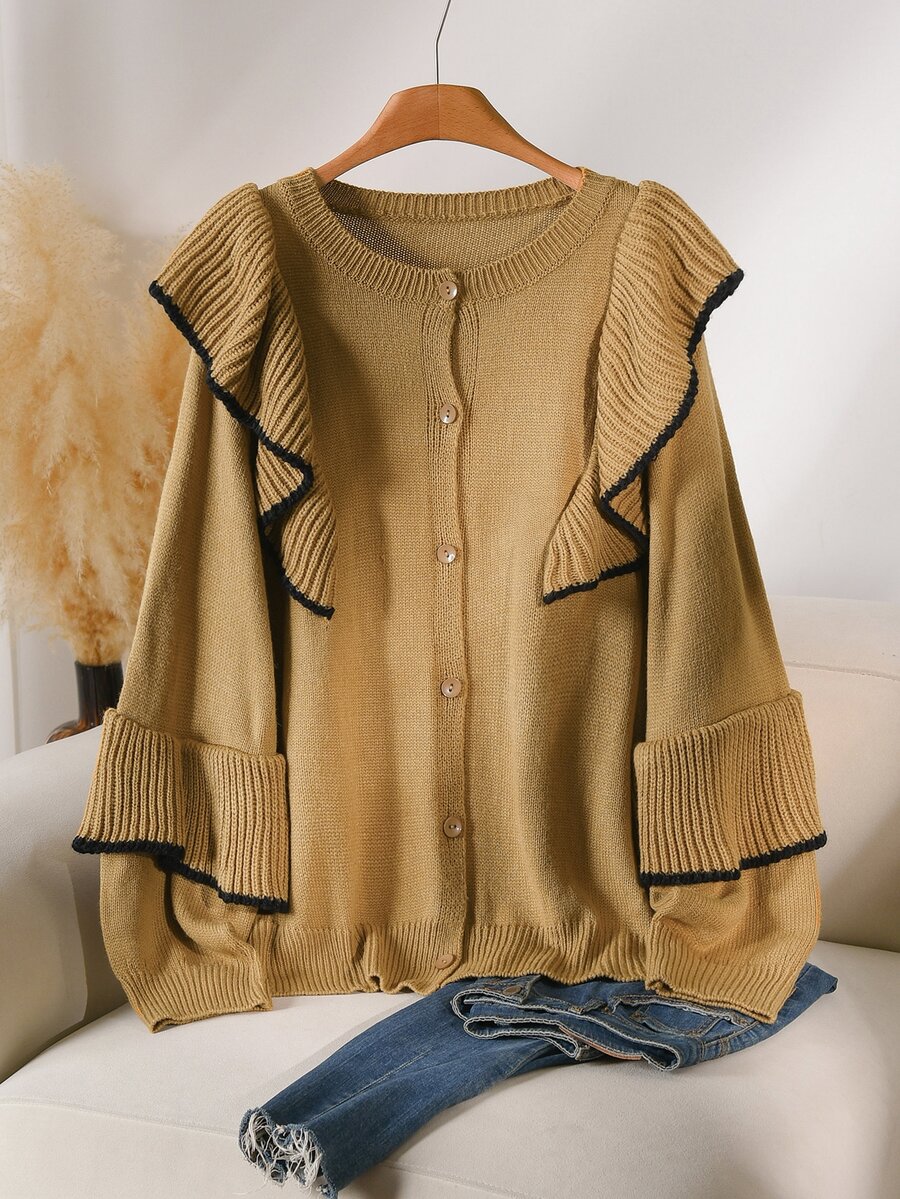 CosyJoli Caramel Brown Contrast Black Trim Double Layer Ruffle Round Neck Knitted Cardigan Women Autumn/Winter Loose Lantern Sleeve Asymmetrical Hem Sweater Jacket