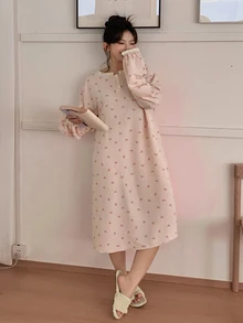 Dazy Plus Bow Print All-Over Floral Loose Casual Long Sleeve Cute Pajama Dress For Girls, Spring/Autumn - Pink - View 7
