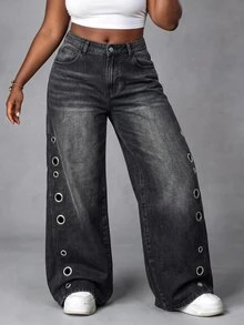 SHEIN MOD Plus Size Women's Casual Versatile Daily Travel Denim Jeans With Pocket, Button And Eyelet Decor - Black - View 4