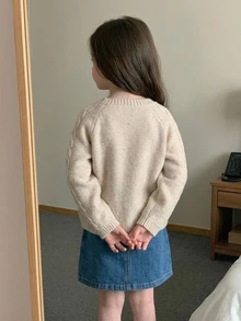 Hapijoa 女童秋季拼接撞色荷葉邊修身長袖圓領抽繩前綁帶休閒針織開襟衫 - 米色 - 查看 9