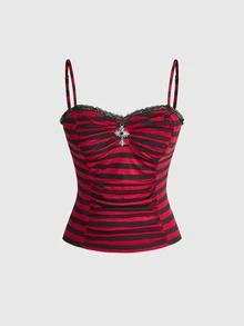 ROMWE Gothic Cross Pendant Romantic Lace Patchwork Ruched Fitted Women's Tank Top - Burgundy - View 1