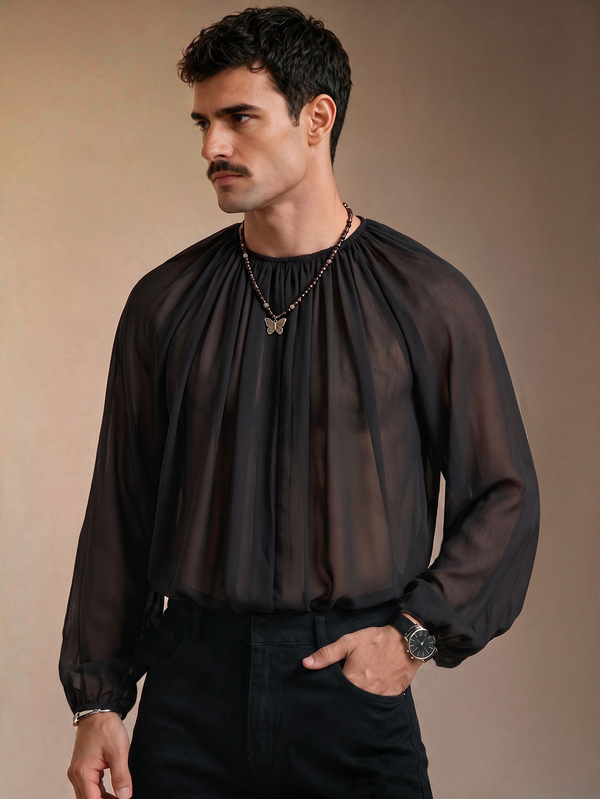 ZURIURI Men's Sexy Sheer Chiffon Long Sleeve Shirt